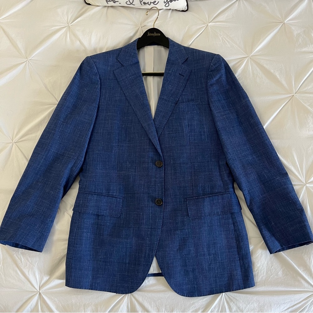 SUITSUPPLY Lazio Coat (40R) Slim Fit Sky Blue
Glen Plaid Wool/Silk/Linen